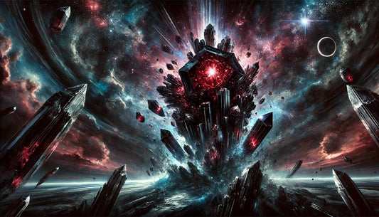 A stunning cosmic scene featuring black tourmaline and garnet, emerging from a glowing, celestial explosion.