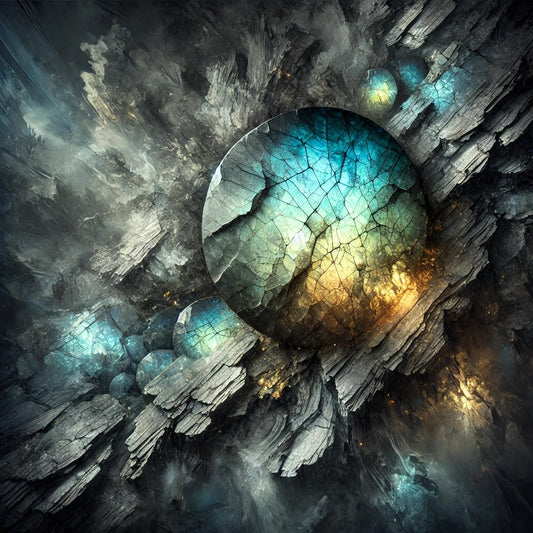 Moody depiction of labradorite highlighting the contrast between its dark grey stone matrix and subtle labradorescent hues in blue, green, gold. Image features an ethereal, brooding atmosphere with shadowed textures and glowing auroras.