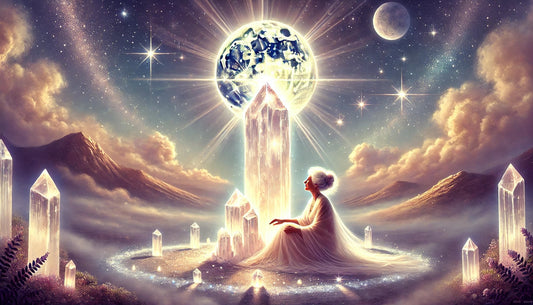 The ethereal image of grandma sitting under the moon with a circle of glowing selenite crystals around her.