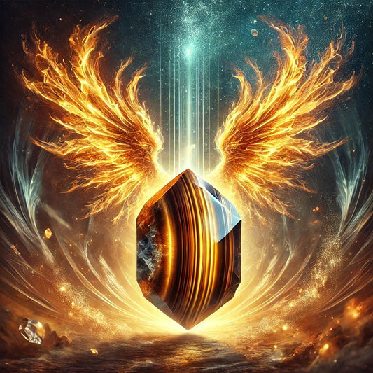 A luminous Tiger's Eye crystal radiates golden light, surrounded by ethereal fiery wings against a cosmic backdrop.