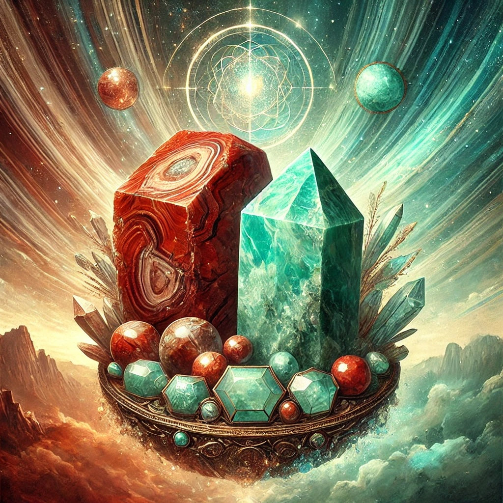 This image symbolizes balance, grounding, and harmonious energy, ideal for promoting crystal healing, spirituality, and mindfulness themes. A stunning artistic composition showcasing Red Jasper and Amazonite crystals in a cosmic setting.