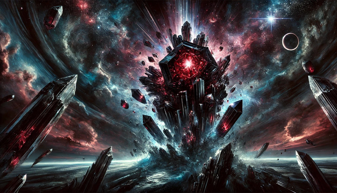 A stunning cosmic scene featuring black tourmaline and garnet, emerging from a glowing, celestial explosion.
