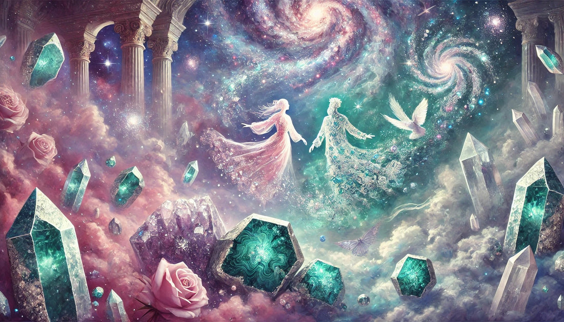 A breathtaking celestial scene featuring sparkling emerald-green chrysocolla crystals and soft pink rose quartz set against a cosmic backdrop of swirling galaxies, stars, and ethereal clouds. 