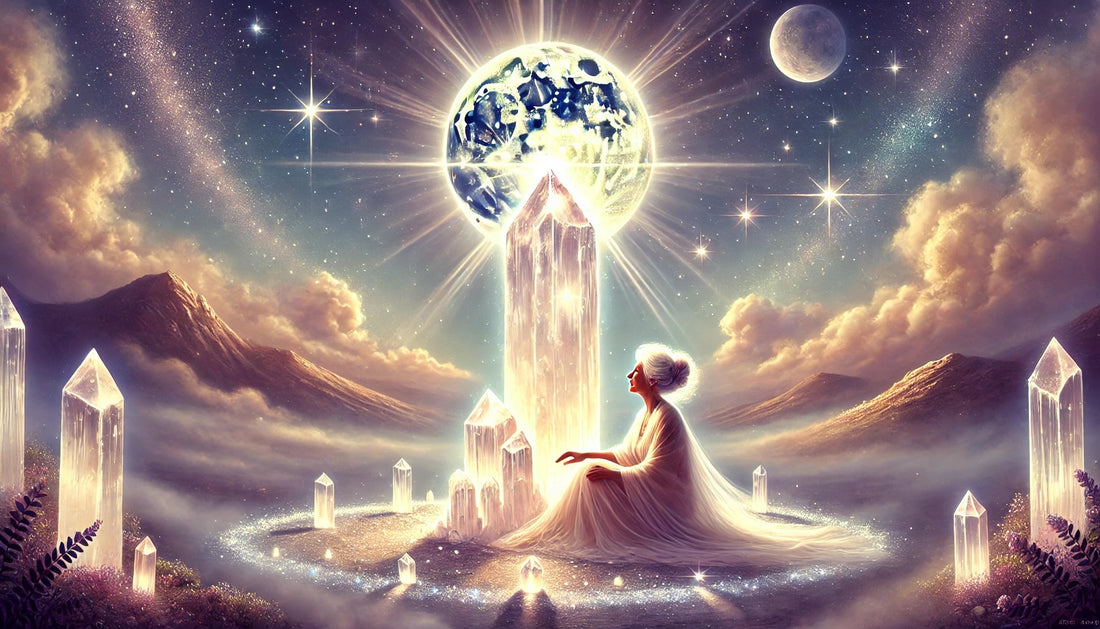The ethereal image of grandma sitting under the moon with a circle of glowing selenite crystals around her. 